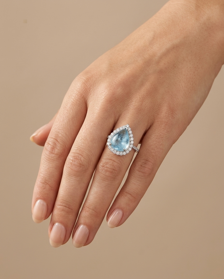 14KT White Gold Aquamarine and Diamonds Ring on model