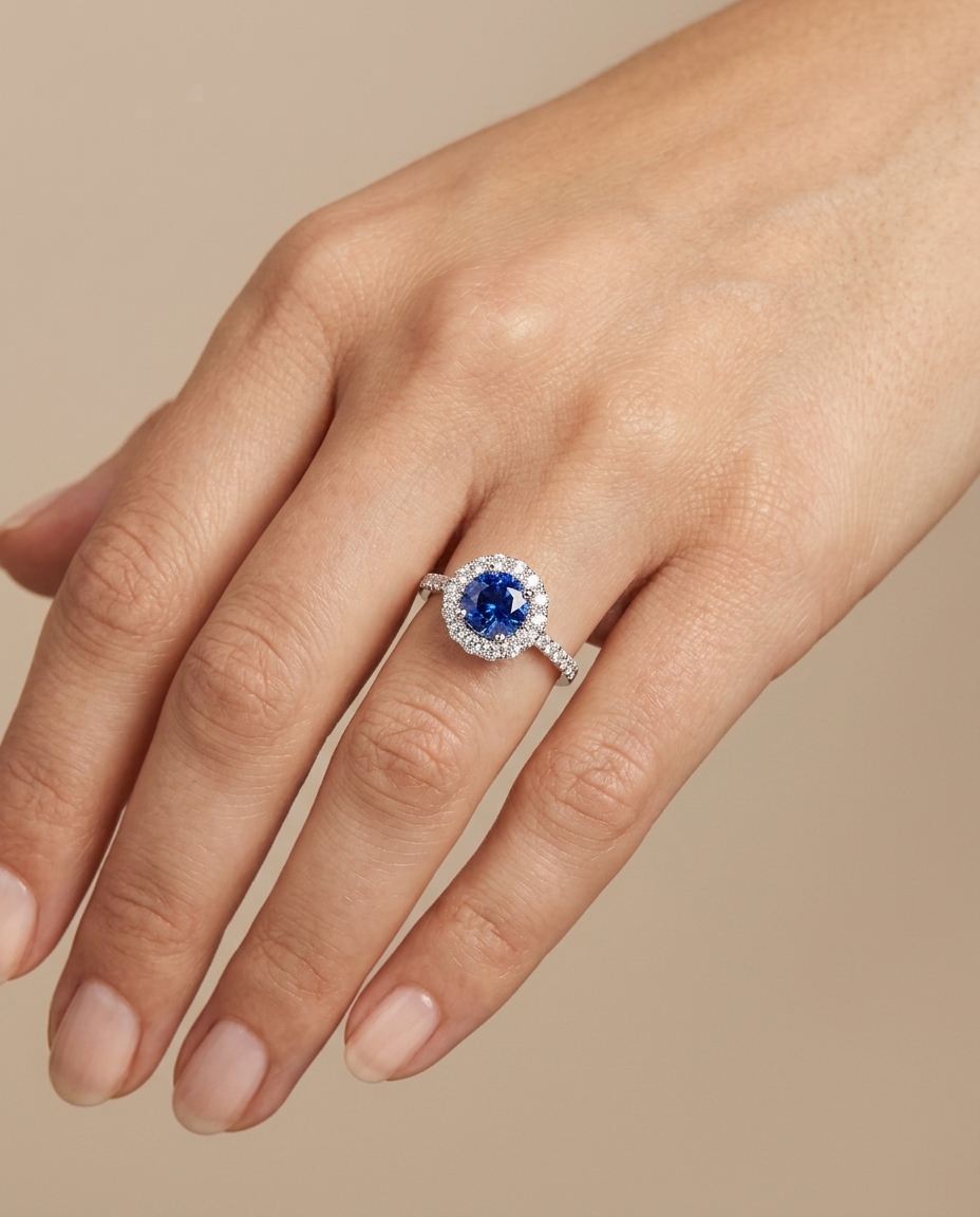 14KT White Gold Tanzanite Round Ring with Diamonds on model