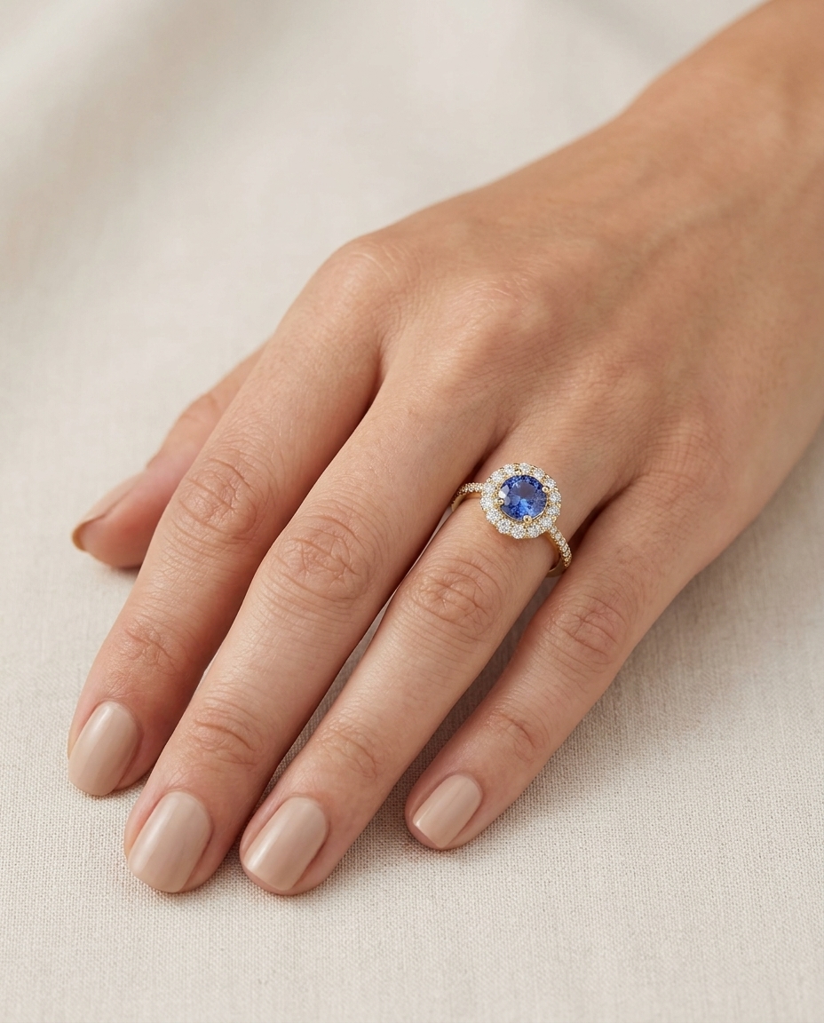 14KT Yellow Gold Tanzanite Round Ring with Diamonds on model