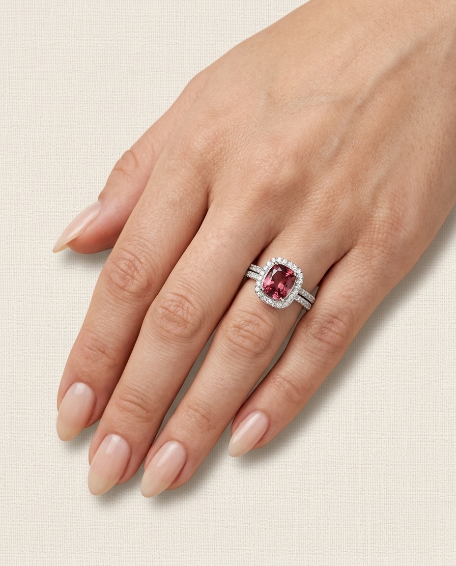 14KT White Gold Pink Tourmaline and Diamonds Ring on model