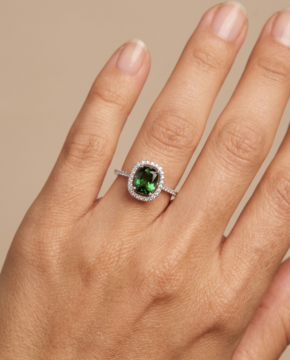 14KT White Gold Green Tourmaline and Diamonds Ring on model