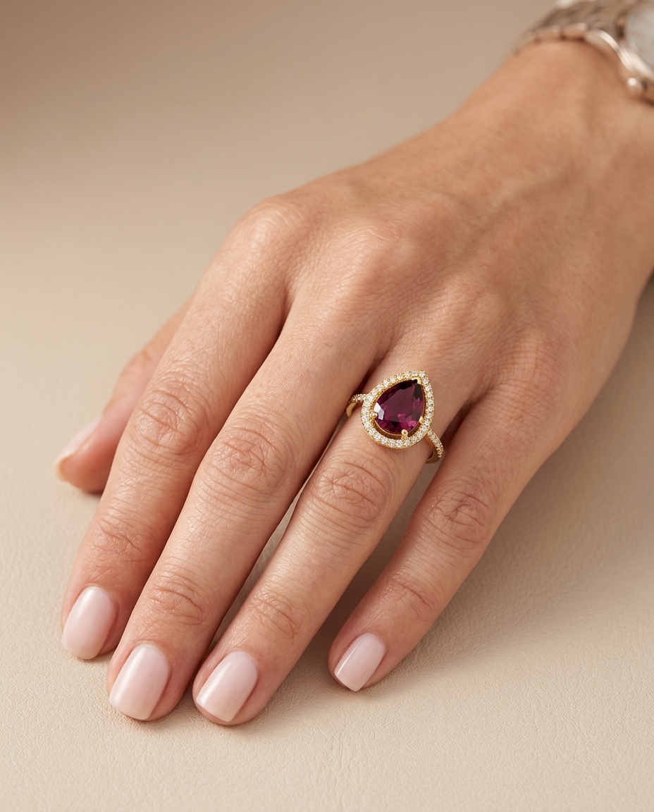 14KT Yellow Gold Pink Tourmaline and Diamonds Ring on model
