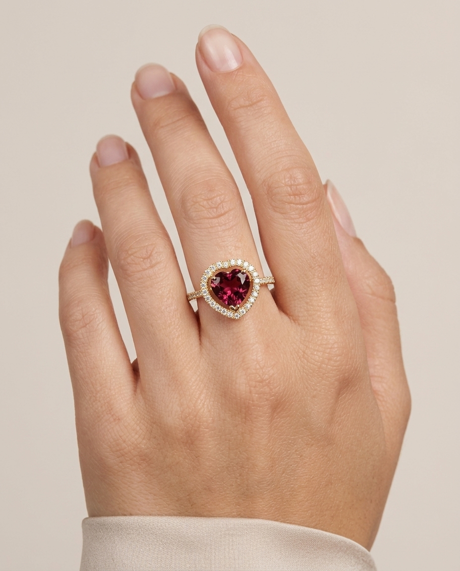 14KT Yellow Gold Pink Tourmaline and Diamonds Heart Ring on model