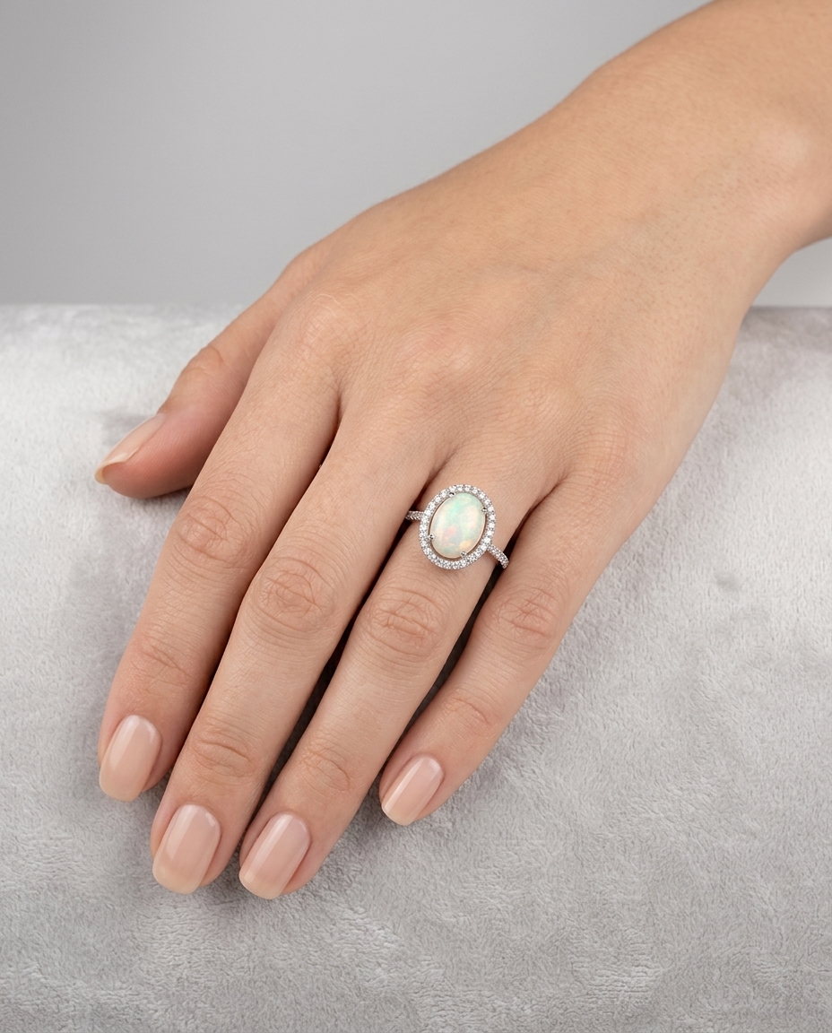 14KT White Gold Opal Ring with Diamonds on model