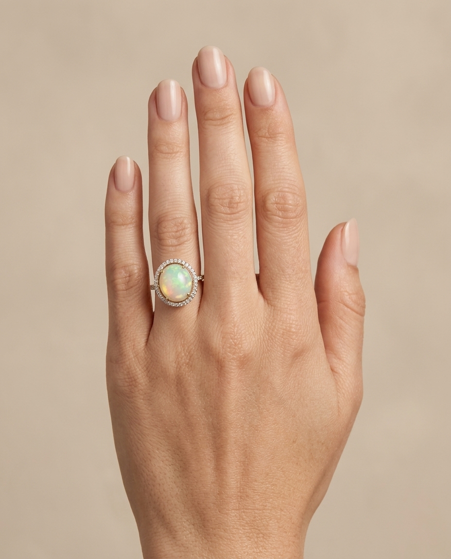 14KT Yellow Gold Opal Oval Ring with Diamonds on model