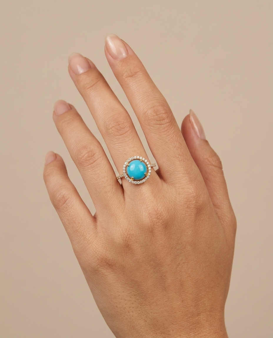 14KT Yellow Gold Turquoise and Diamonds Ring on model