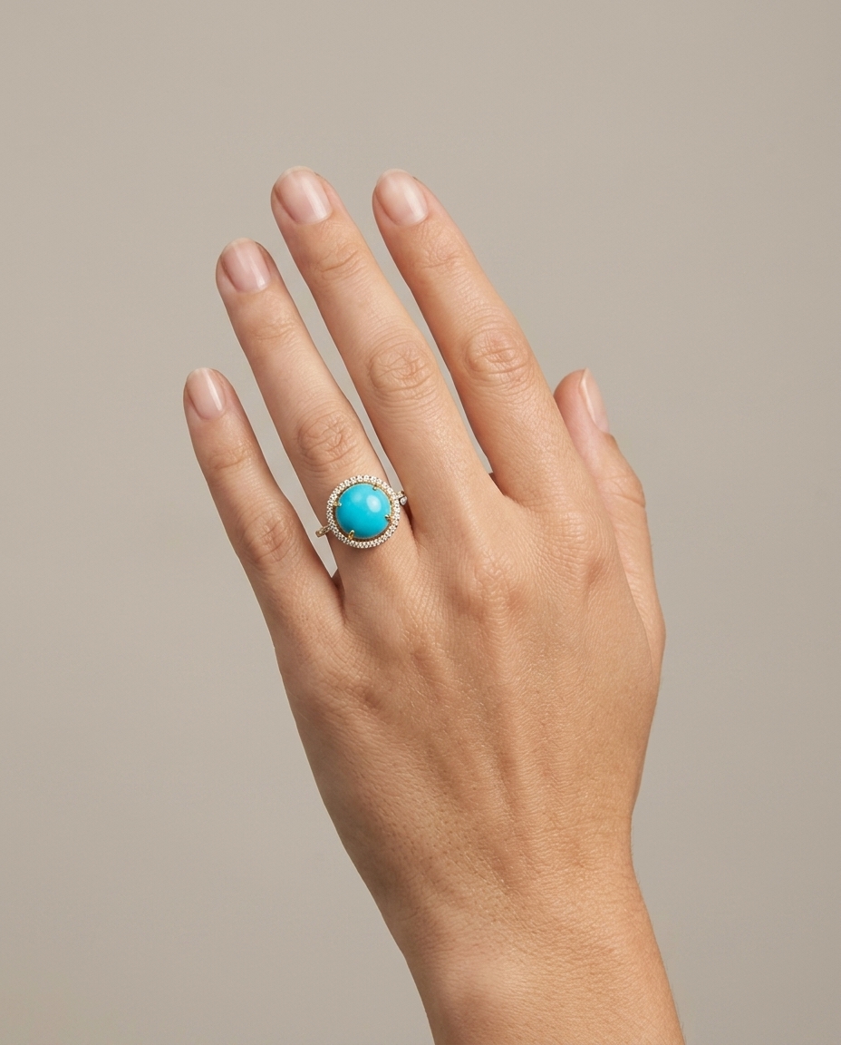 14KT Yellow Gold Turquoise and Diamonds Ring on model