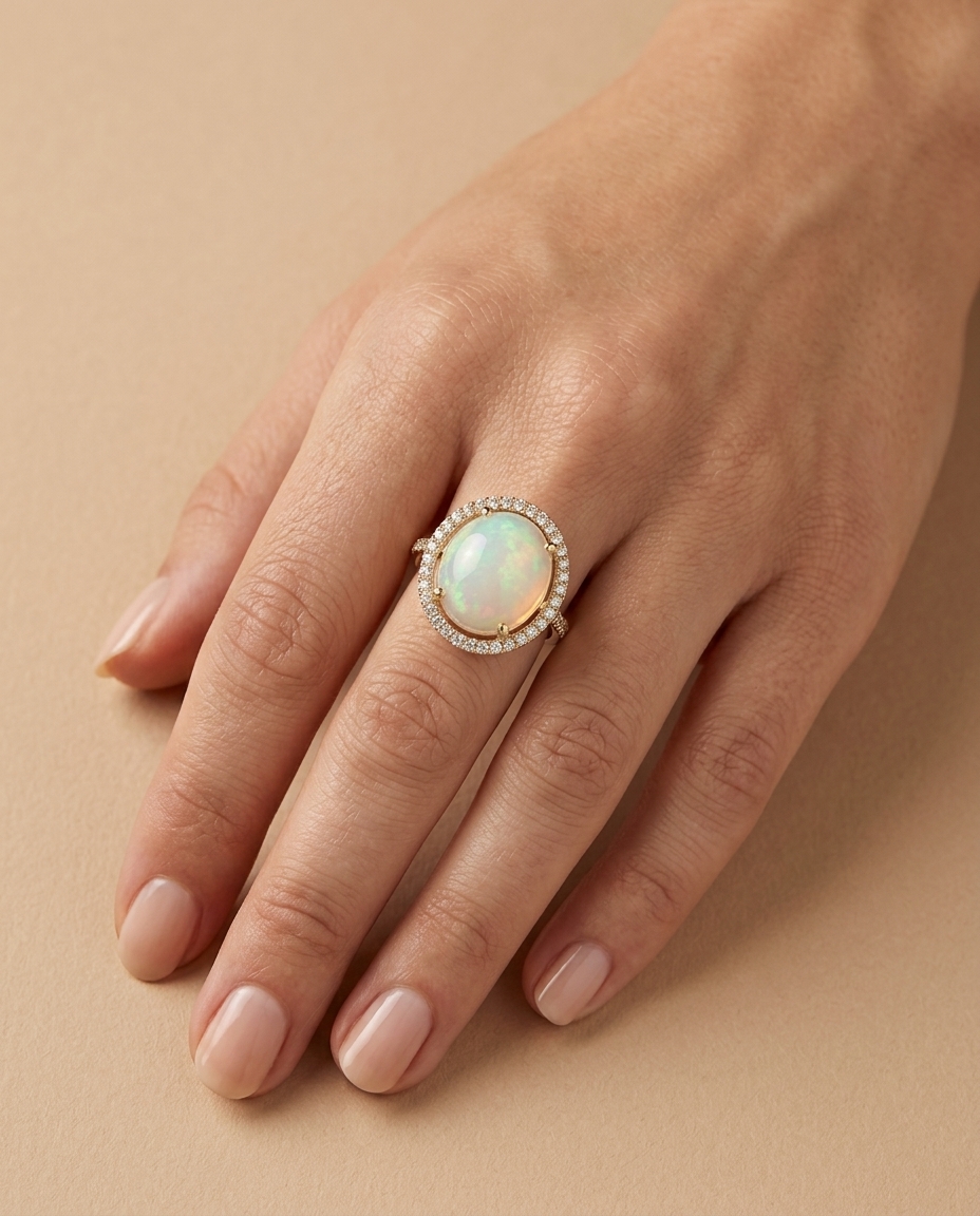 14KT Yellow Gold Opal Ring with Diamonds on model