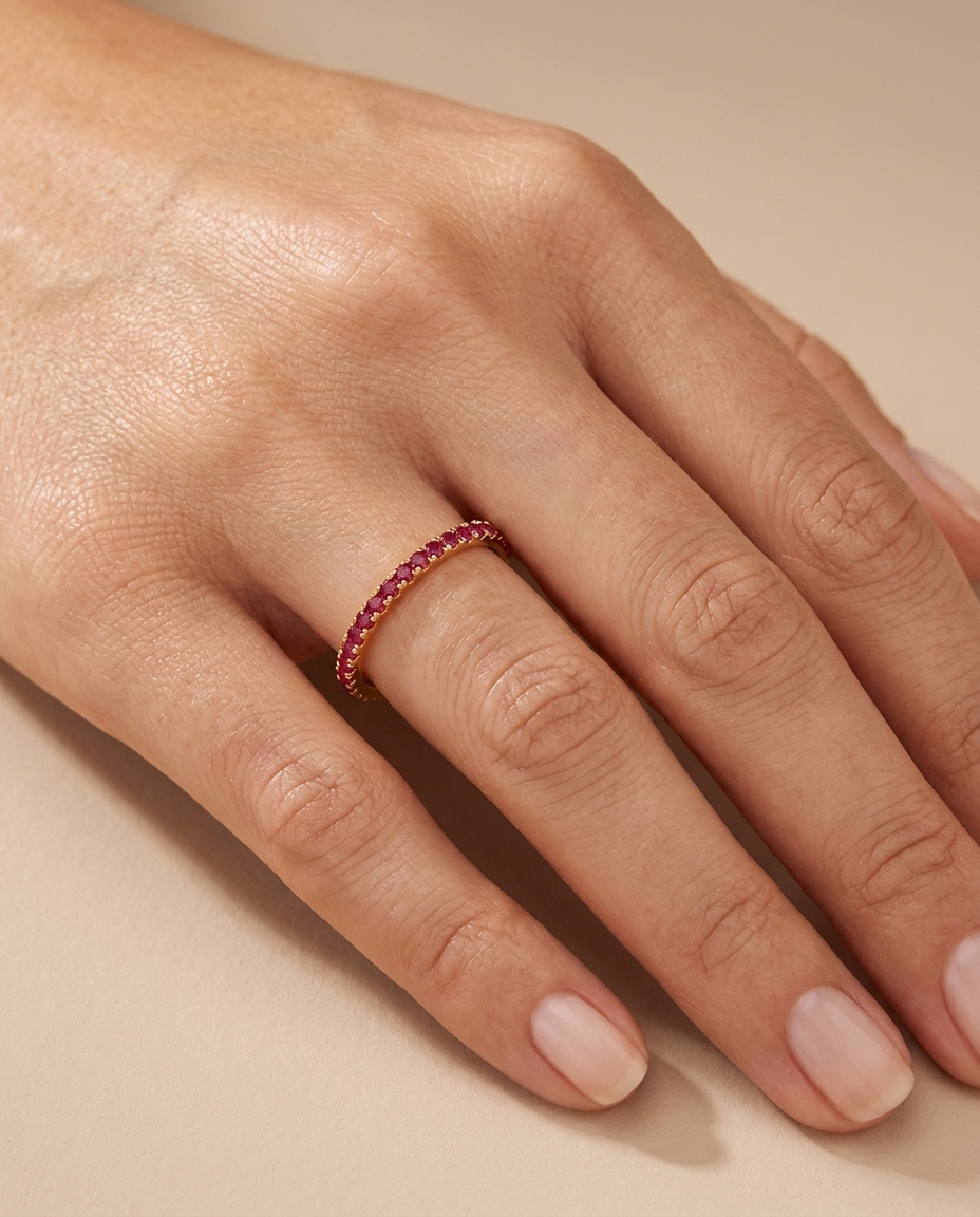 14KT Gold Ruby Diamond Ring Eternity Band on model