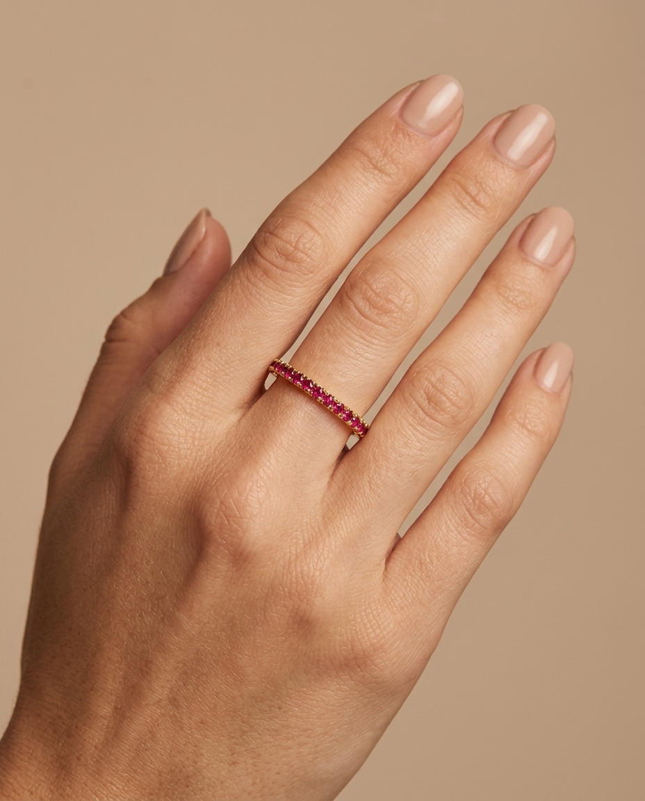 14KT Gold Ruby Diamond Ring Eternity Band on model
