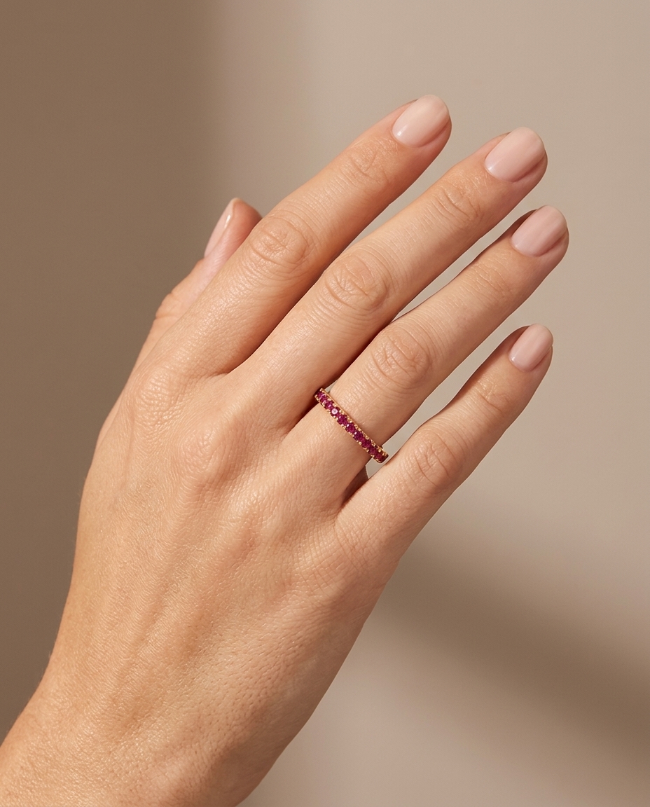 14KT Gold Ruby Diamond Ring Eternity Band on model