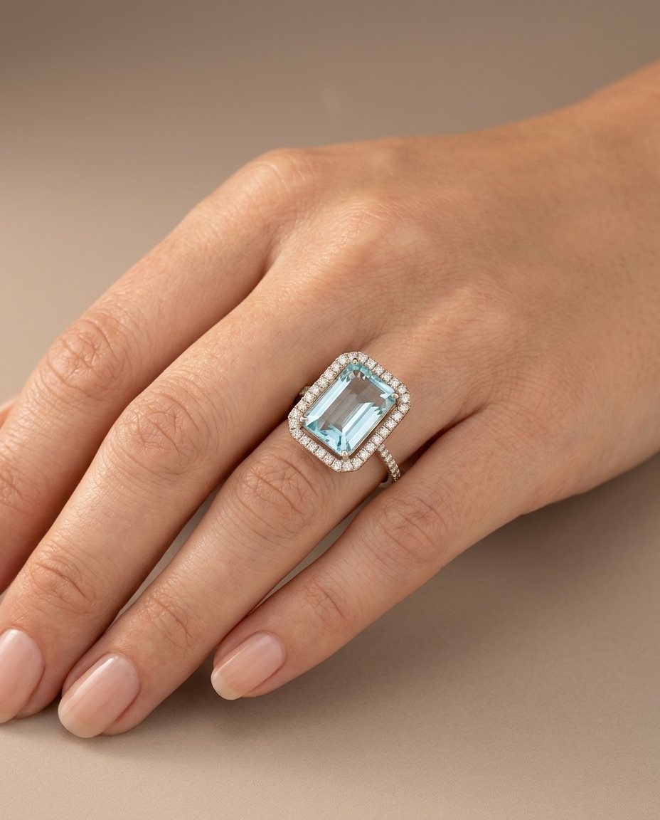 14KT White Gold Aquamarine and Diamonds Ring on model