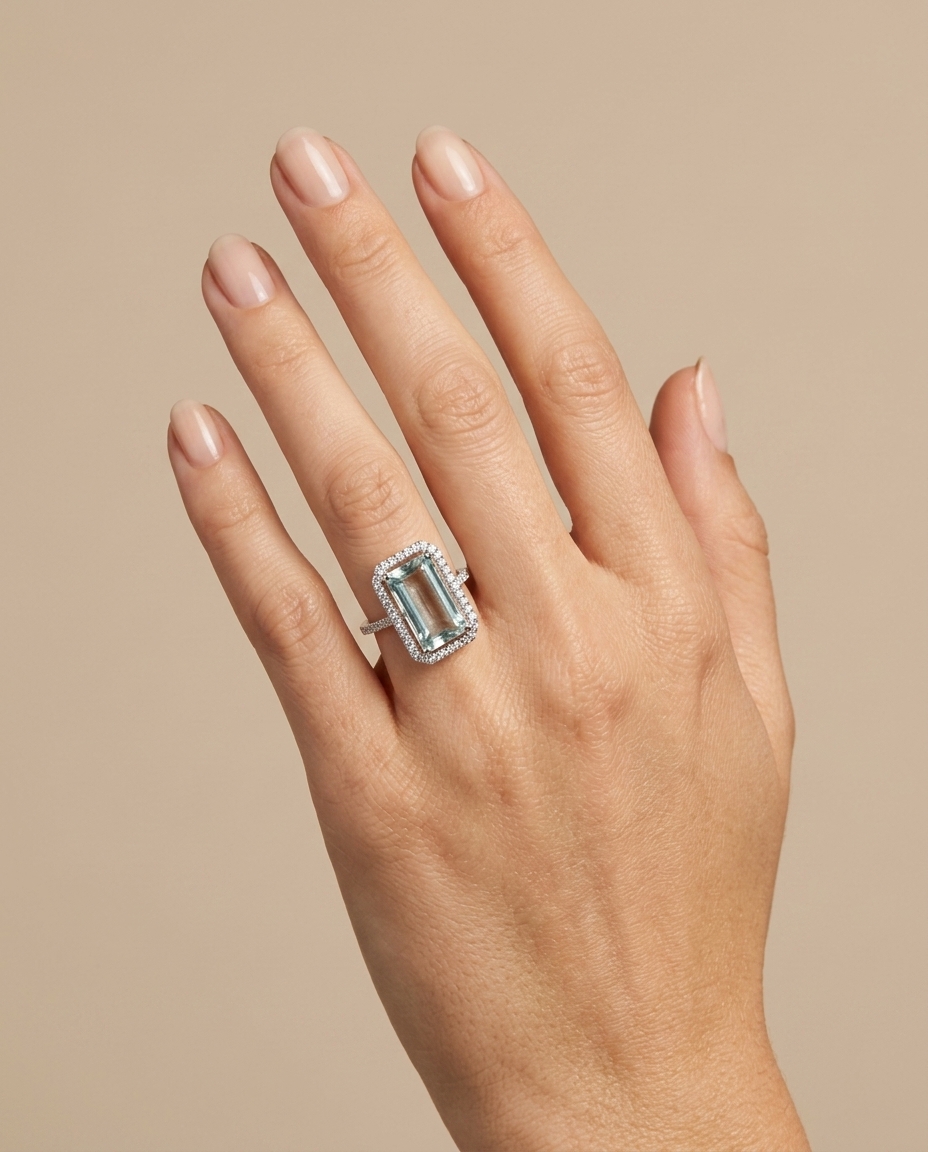 14KT White Gold Aquamarine and Diamonds Ring on model