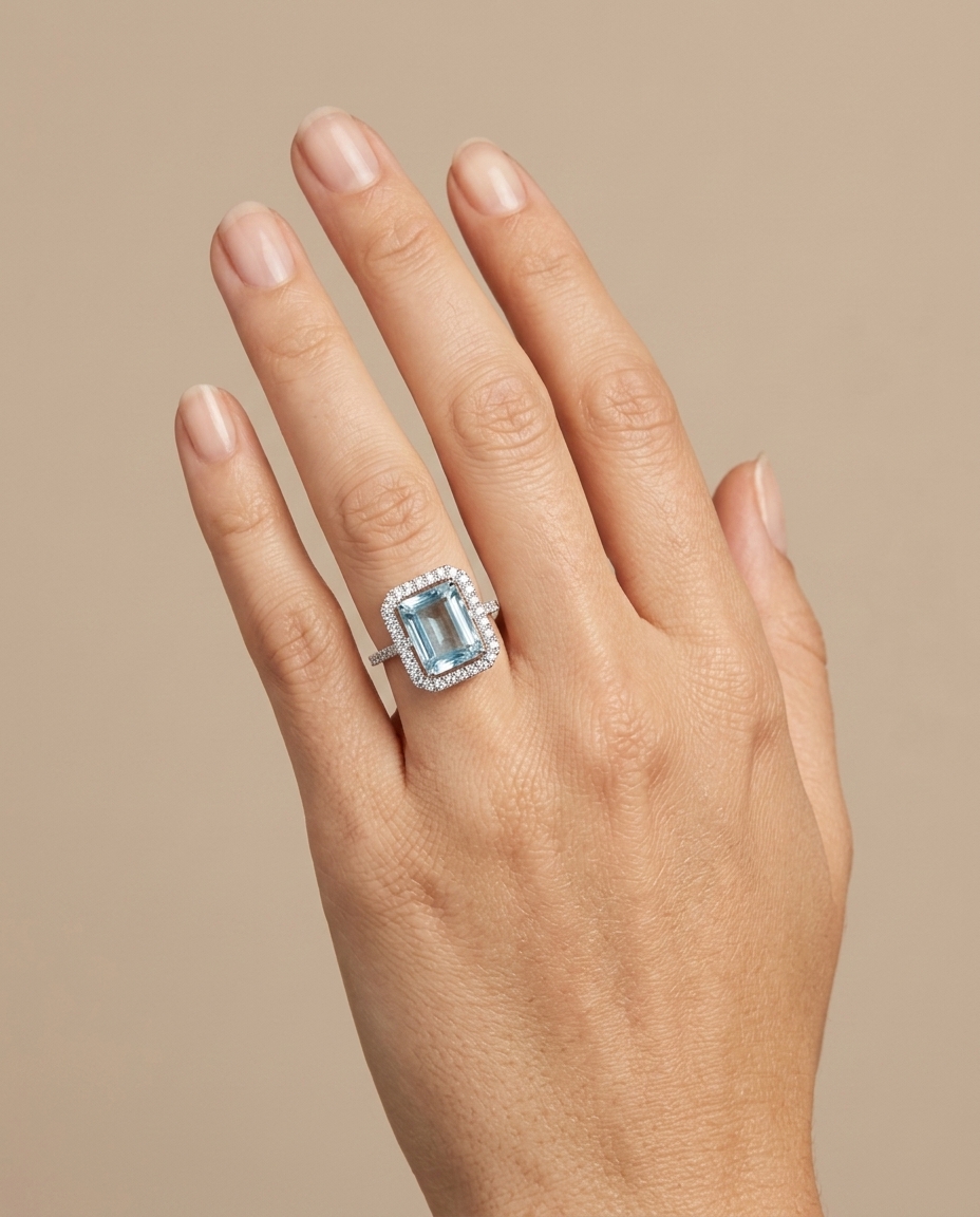 14KT White Gold Aquamarine and Diamonds Ring on model