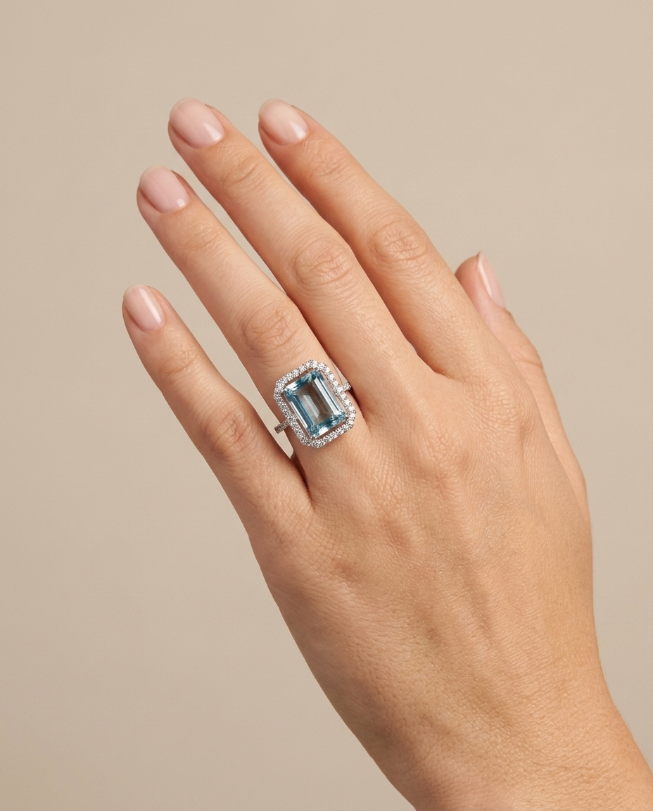14KT White Gold Aquamarine and Diamonds Ring on model