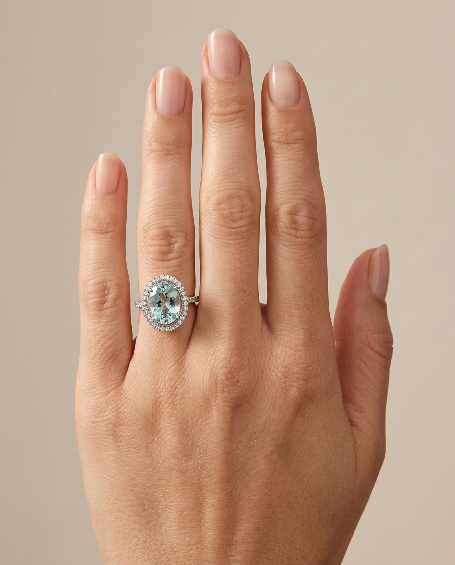 14KT White Gold Aquamarine and Diamonds Ring on model