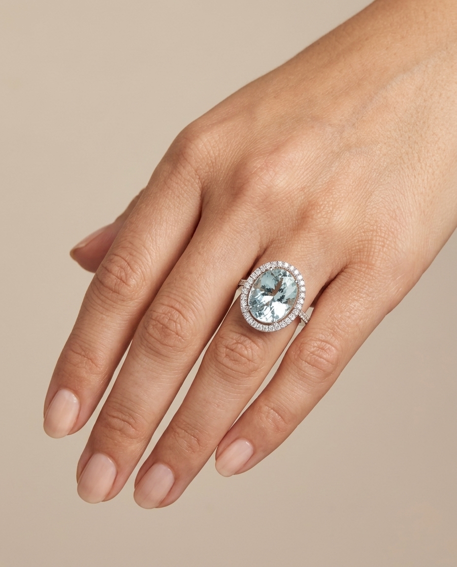 14KT White Gold Aquamarine and Diamonds Ring on model