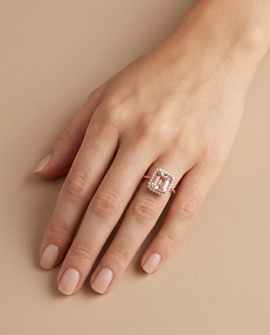 14KT Rose Gold Morganite and Diamonds Ring on model