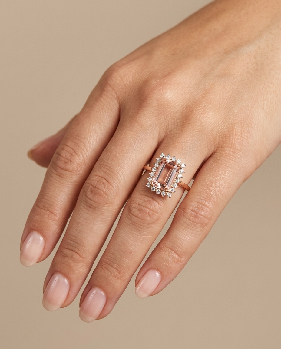 14KT Rose Gold Morganite and Diamonds Ring on model