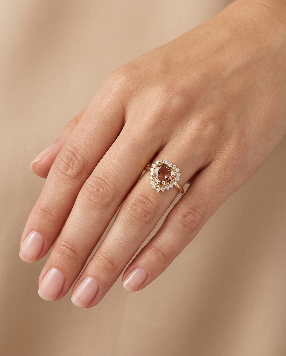 14KT Yellow Gold Pink Tourmaline and Diamonds Heart Shape Ring on model