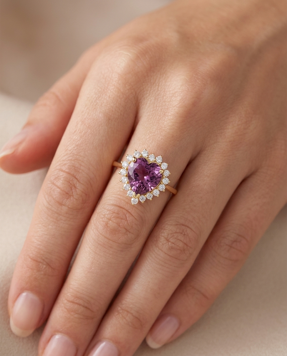 14KT Yellow Gold Pink Tourmaline and Diamonds Heart Shape Ring on model