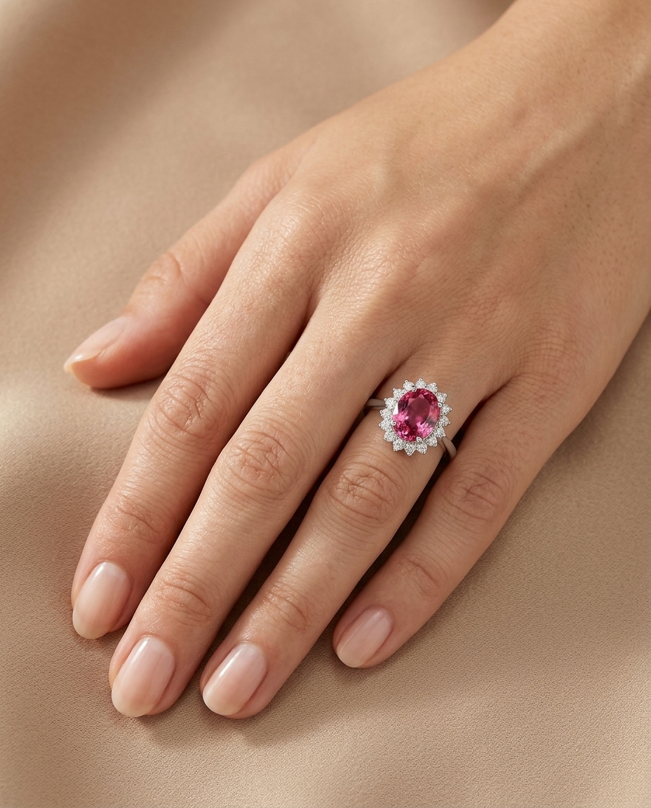14KT White Gold Pink Tourmaline and Diamonds Ring on model