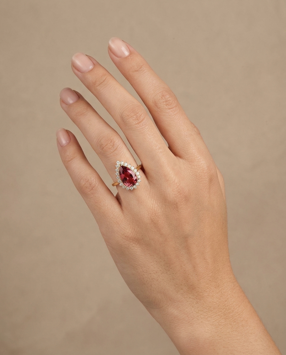 14KT Yellow Gold Pink Tourmaline and Diamonds Ring on model