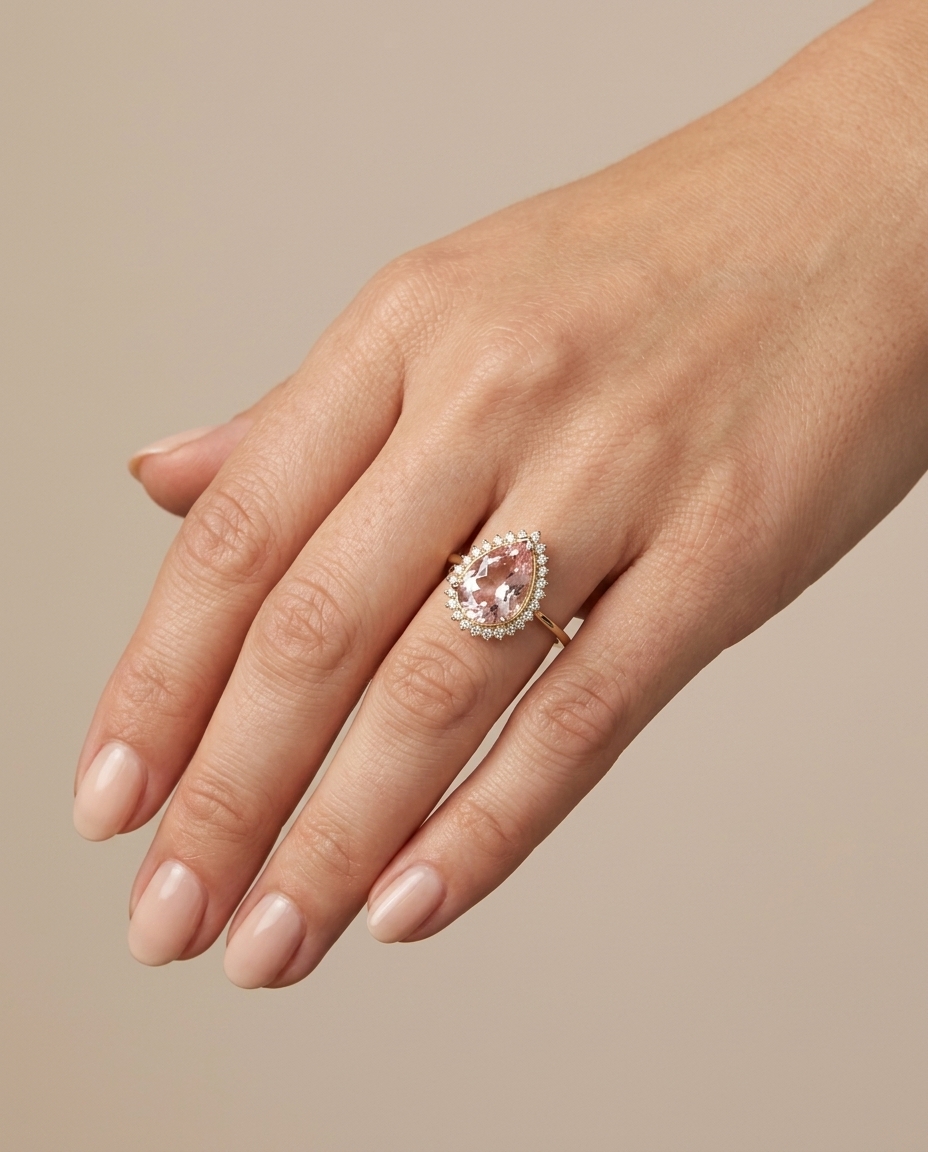 14KT Yellow Gold Kunzite and Diamonds Ring on model