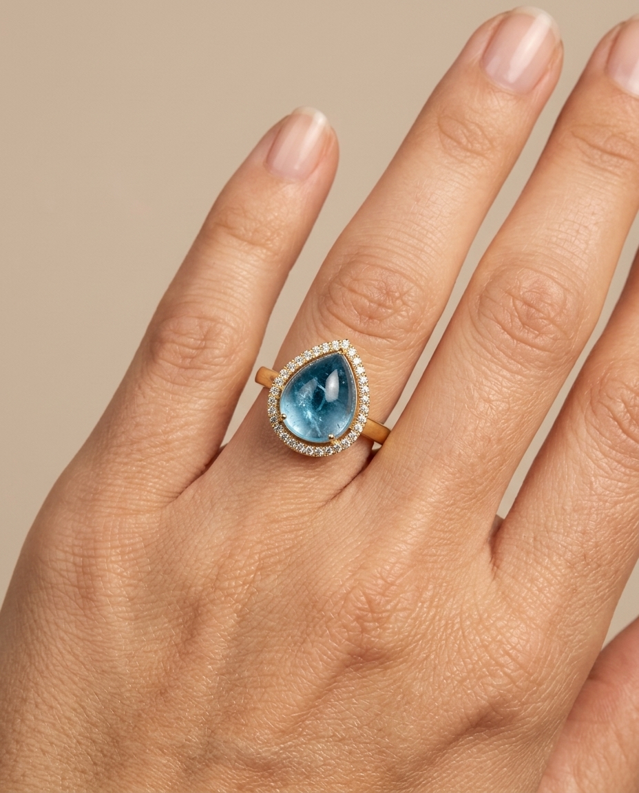 14KT Yellow Gold Aquamarine and Diamonds Ring on model