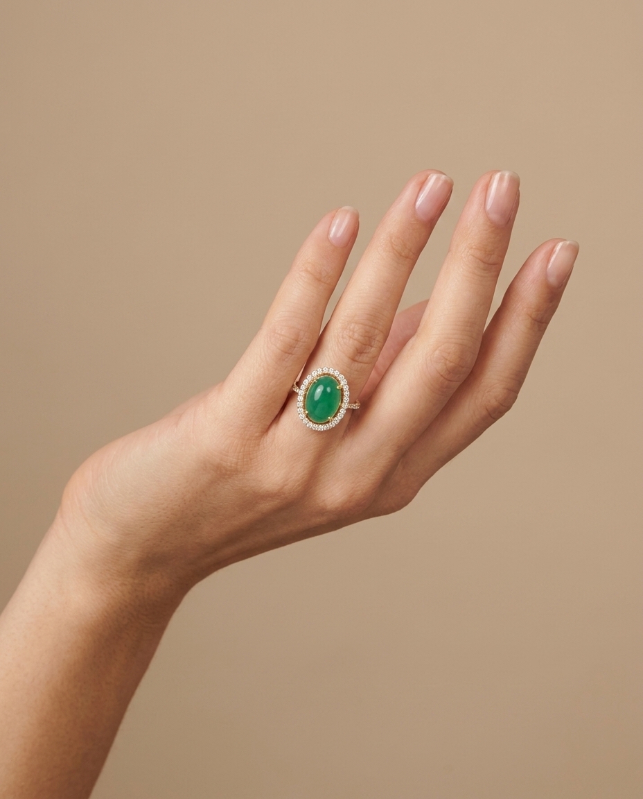 14KT Yellow Gold Emerald and Diamonds Ring on model