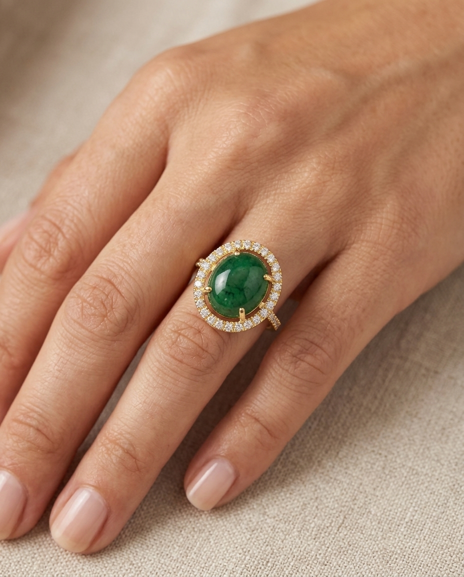 14KT Yellow Gold Emerald and Diamonds Ring on model