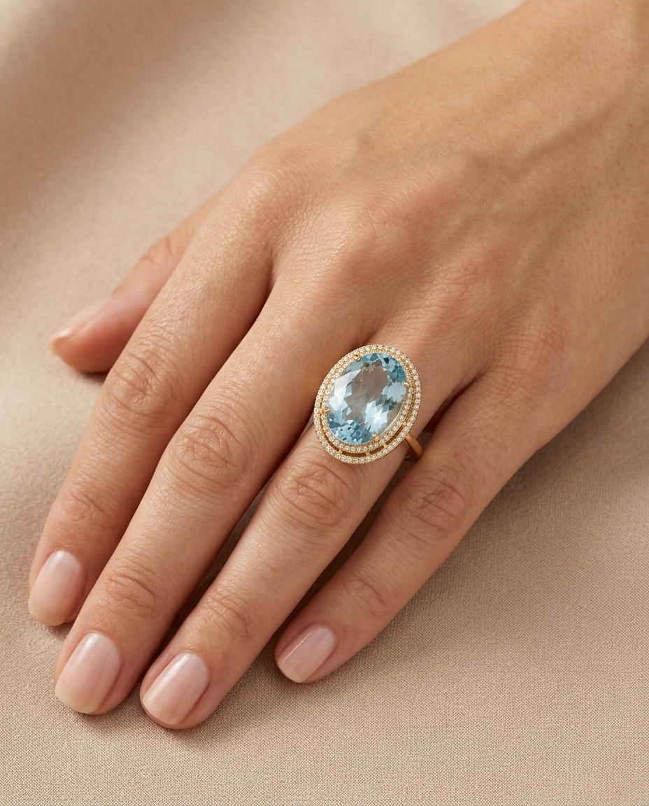 14KT Yellow Gold Aquamarine and Diamonds Ring on model