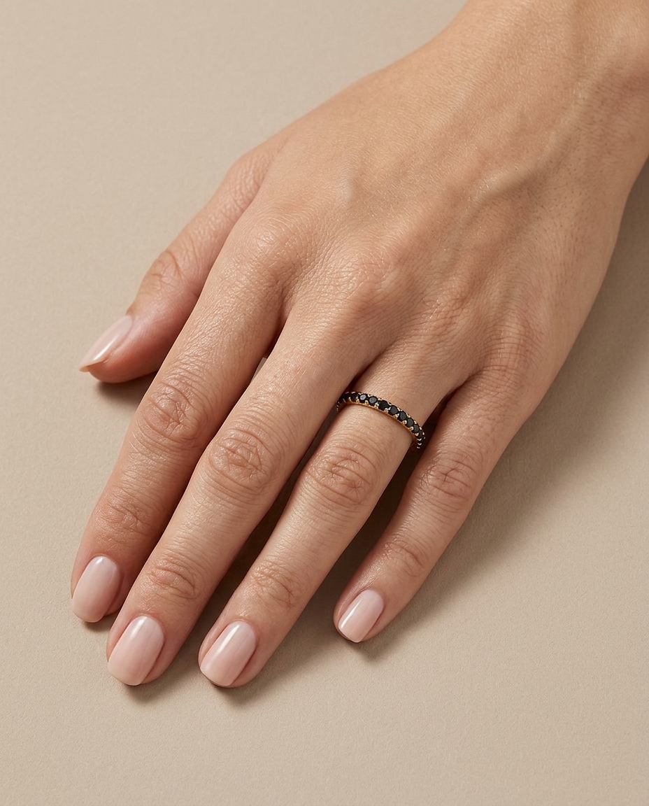 14KT Gold Full Eternity Black Diamond Thin Ring Band on model