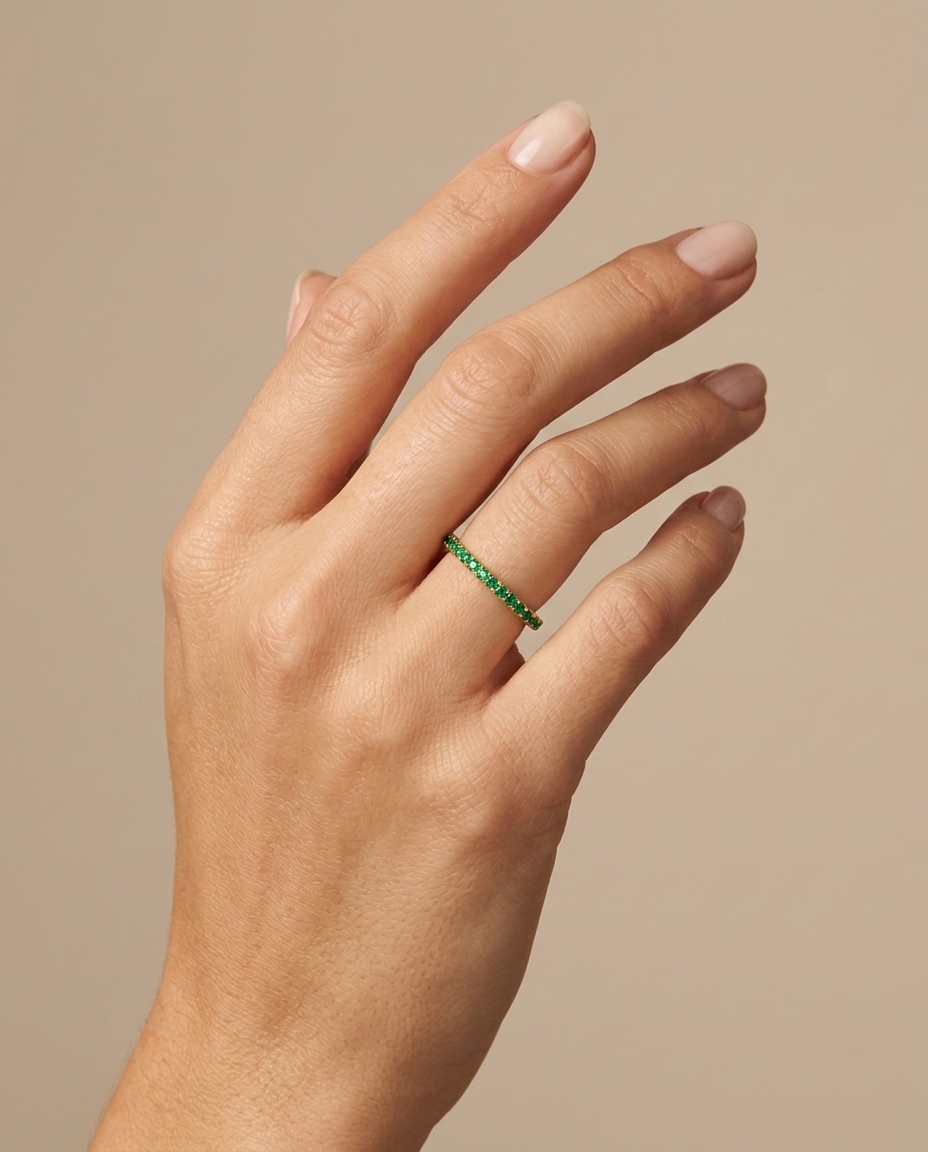 14KT Gold Full Eternity Emerald Thin Ring Band on model