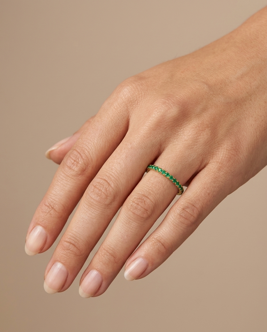 14KT Gold Full Eternity Emerald Thin Ring Band on model