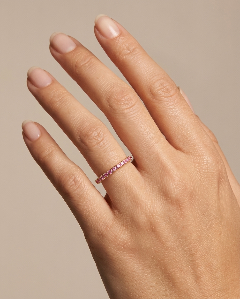 14KT Gold Full Eternity Pink Sapphire Thin Ring Band on model