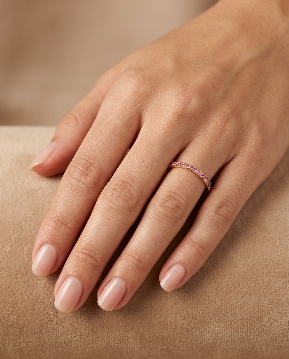 14KT Gold Full Eternity Pink Sapphire Thin Ring Band on model