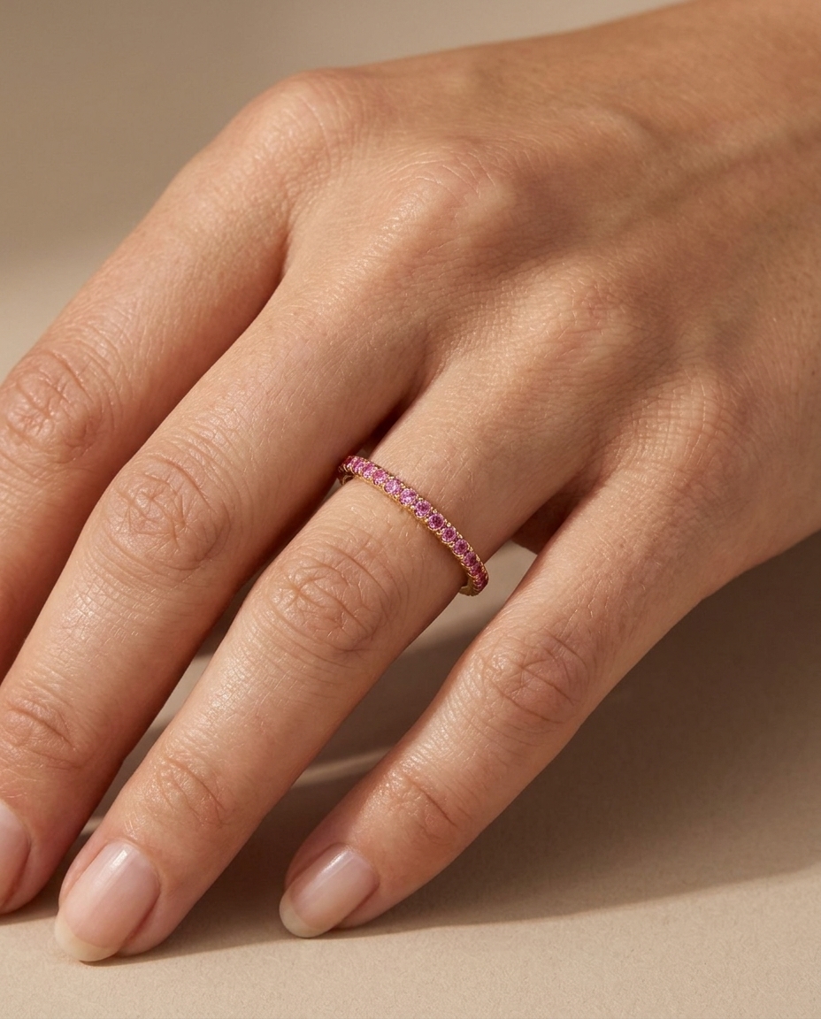 14KT Gold Full Eternity Pink Sapphire Thin Ring Band on model