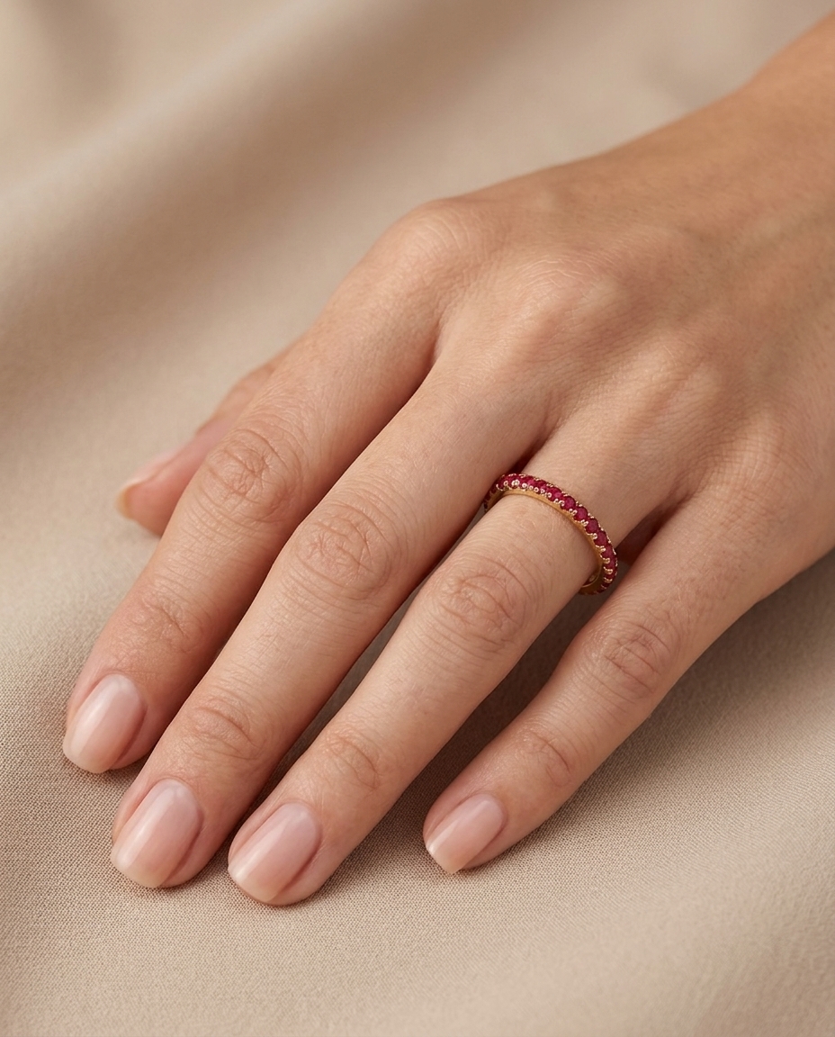 14KT Gold Full Eternity Ruby Thin Ring Band on model