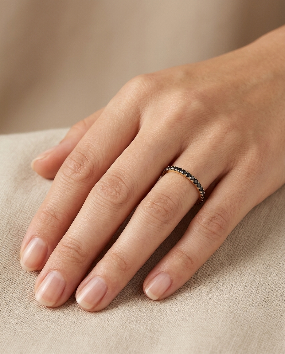 14KT Gold Full Eternity Black Diamond Thin Ring Band on model
