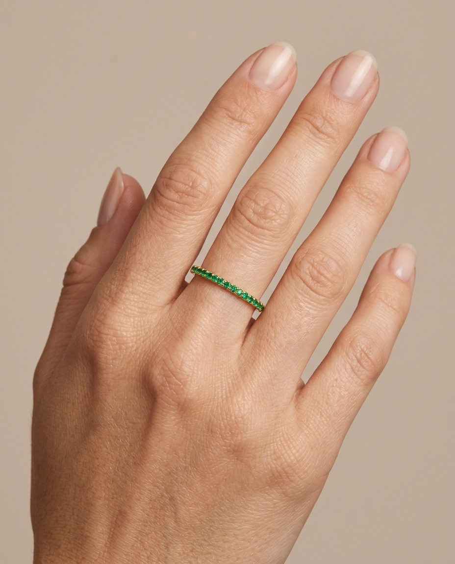 14KT Gold Full Eternity Emerald Thin Ring Band on model