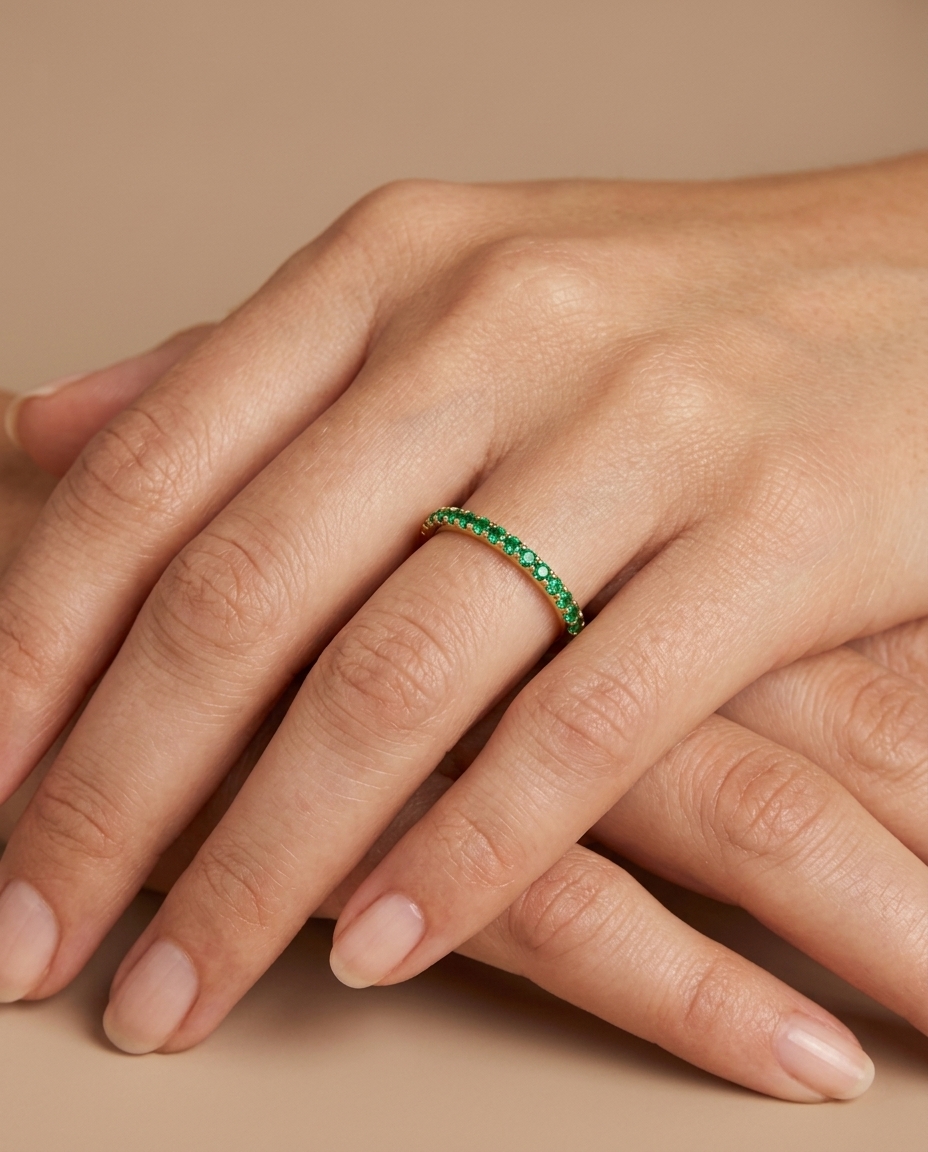 14KT Gold Full Eternity Emerald Thin Ring Band on model