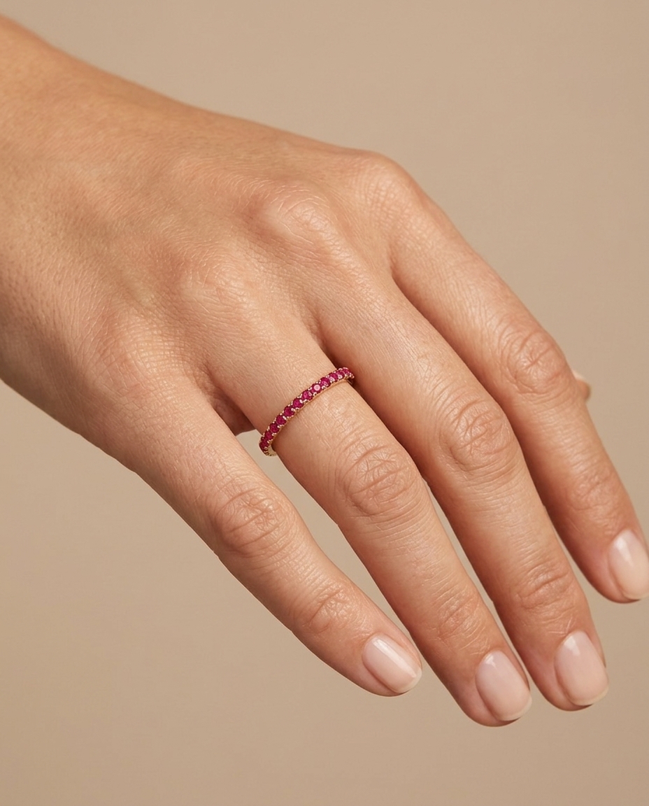 14KT Gold Full Eternity Ruby Thin Ring Band on model