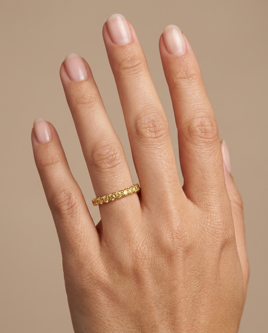 14KT Gold Full Eternity Yellow Diamond Thin Ring Band on model