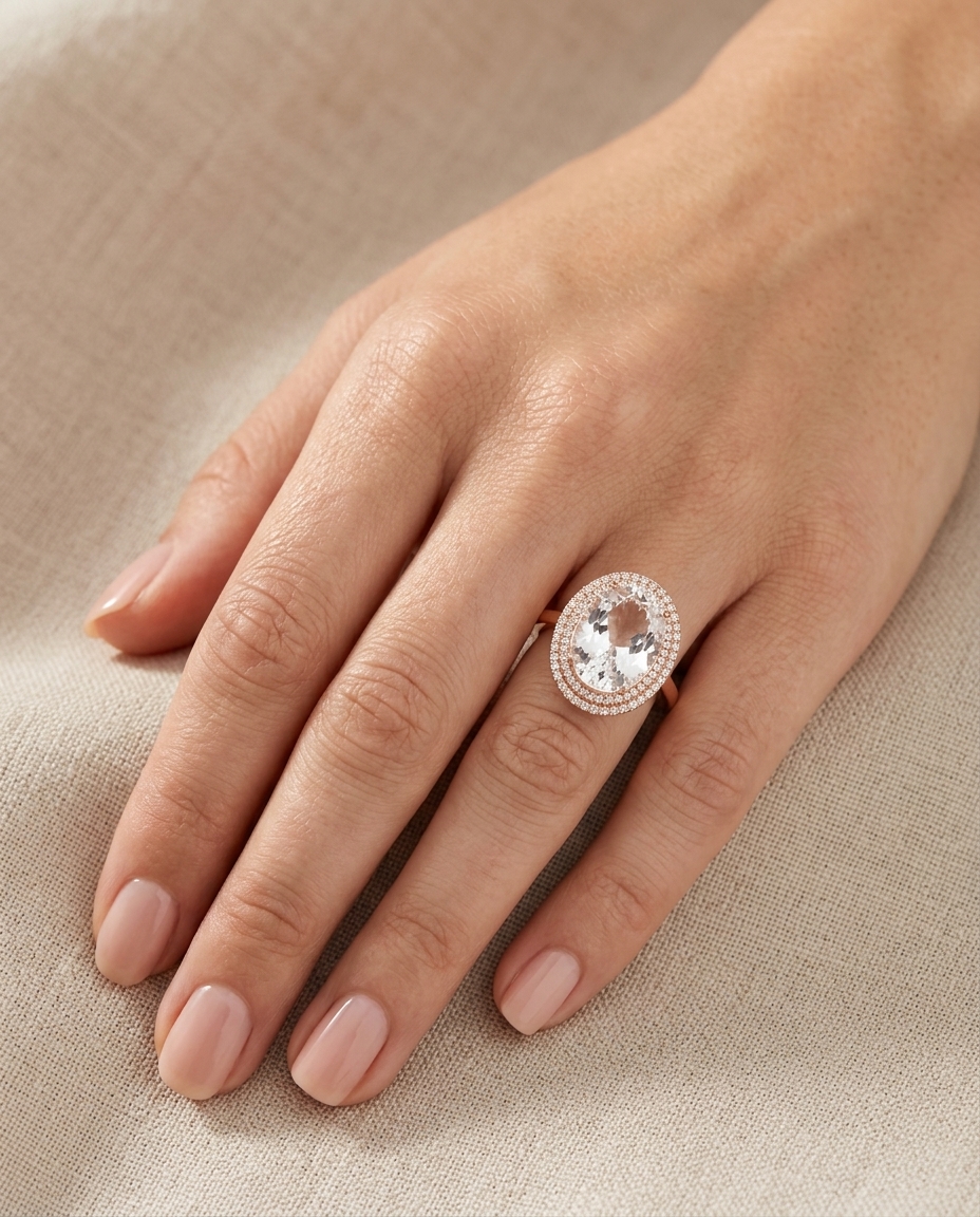 14KT Rose Gold Kunzite and Diamonds Ring on model
