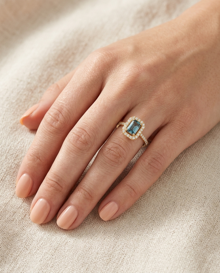 14KT Yellow Gold London Blue Topaz and Diamonds Ring on model