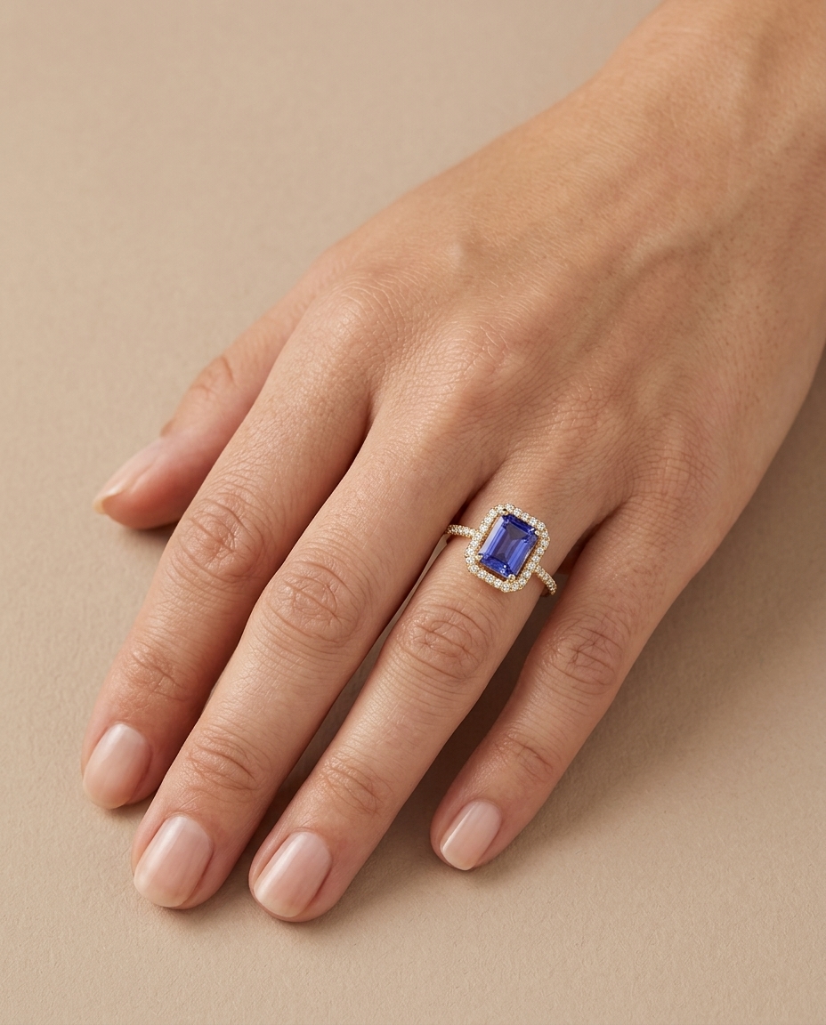 14KT Yellow Gold Tanzanite and Diamonds Ring on model