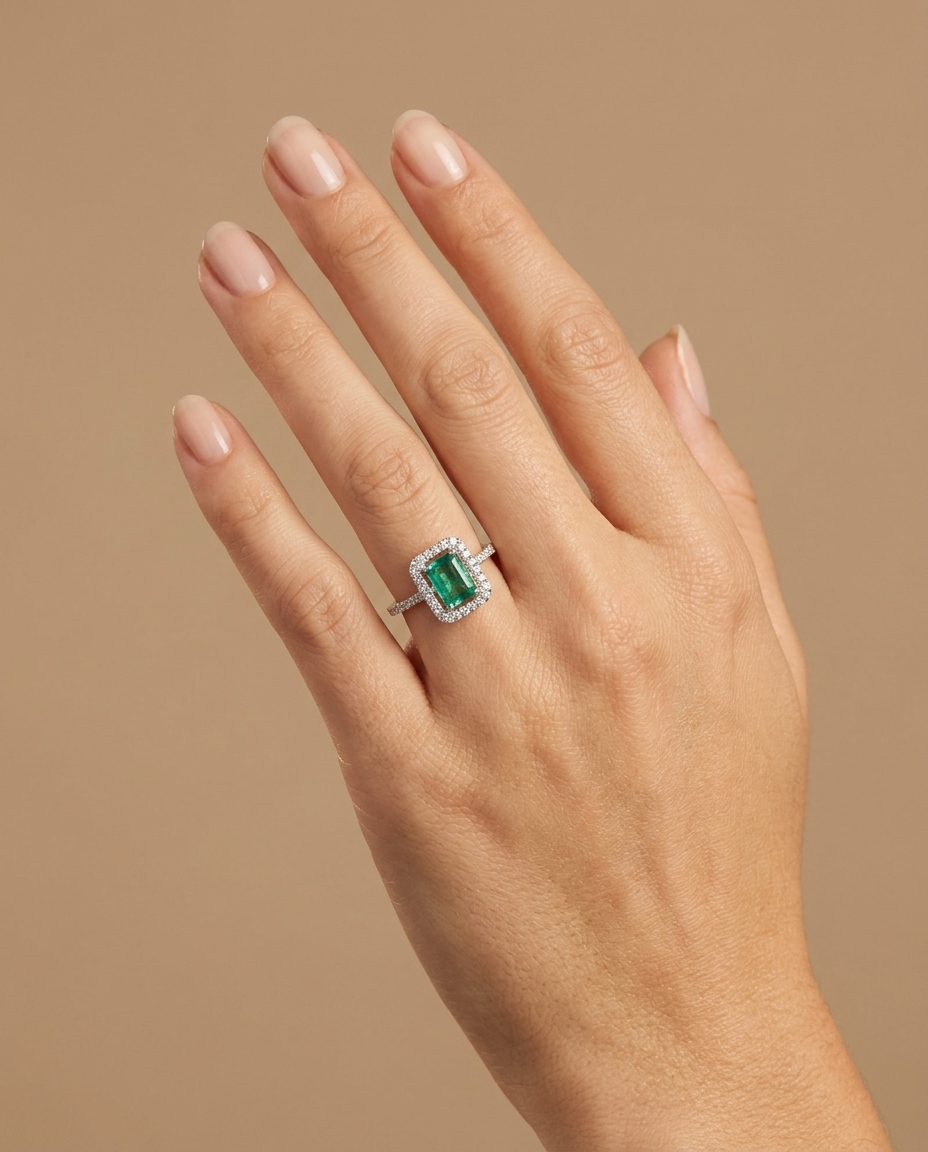 14KT White Gold Emerald and Diamonds Ring on model