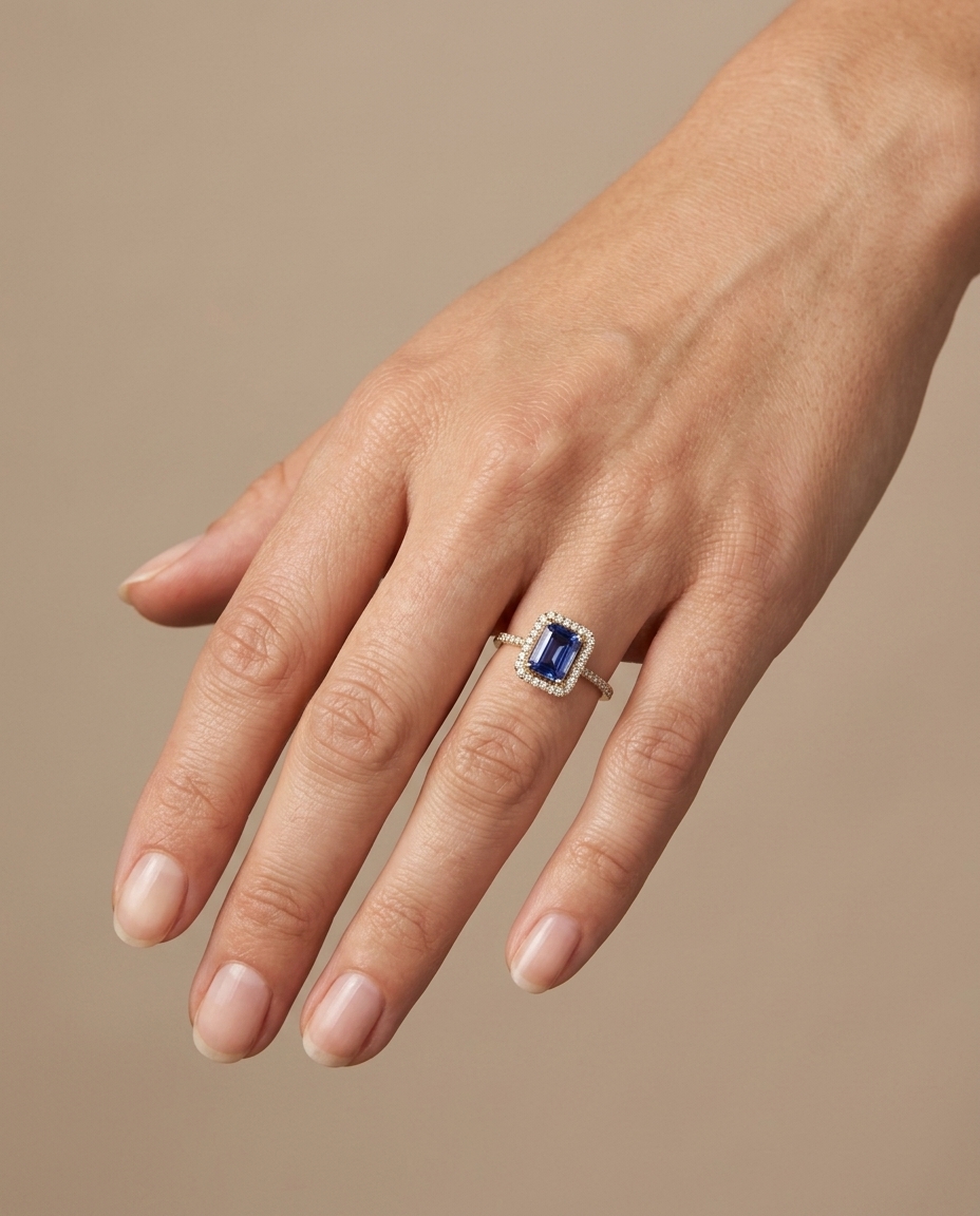 14KT Yellow Gold Tanzanite Emerald Cut Ring with Diamonds on model