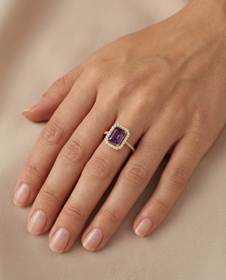 14KT Yellow Gold Amethyst and Diamonds Ring on model